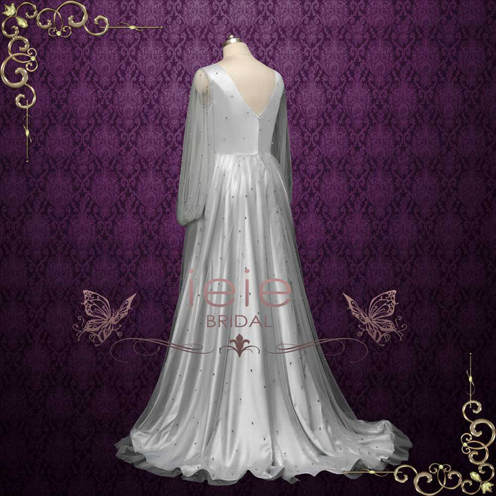 soft grey wedding dress Unique Grey Blue Chiffon Off Shoulder Wedding Dresses, Bridal Gown, MW592