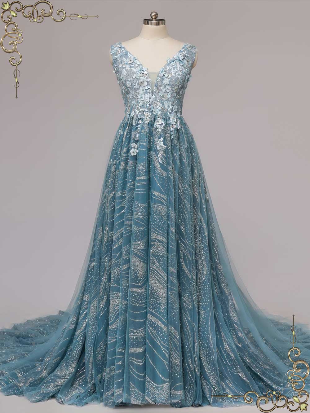 Dusty Blue Sparkly Wedding Dress with V Neck CICELY Size 22W / Dusty Blue Dusty Blue Sparkly Wedding Dress with V Neck CICELY Size 22W / Dusty Blue