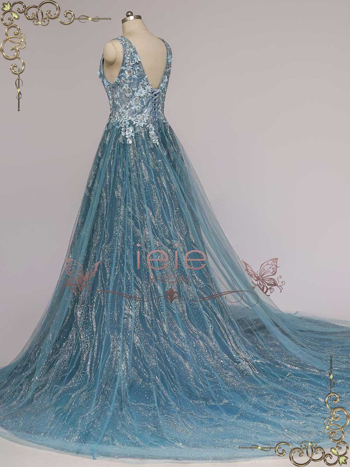 Dusty Blue Sparkly Wedding Dress with V Neck CICELY