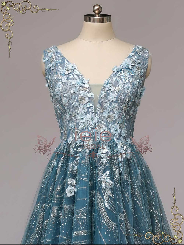 Dusty Blue Sparkly Wedding Dress with V Neck CICELY Size 22W / Dusty Blue Dusty Blue Sparkly Wedding Dress with V Neck CICELY Size 22W / Dusty Blue