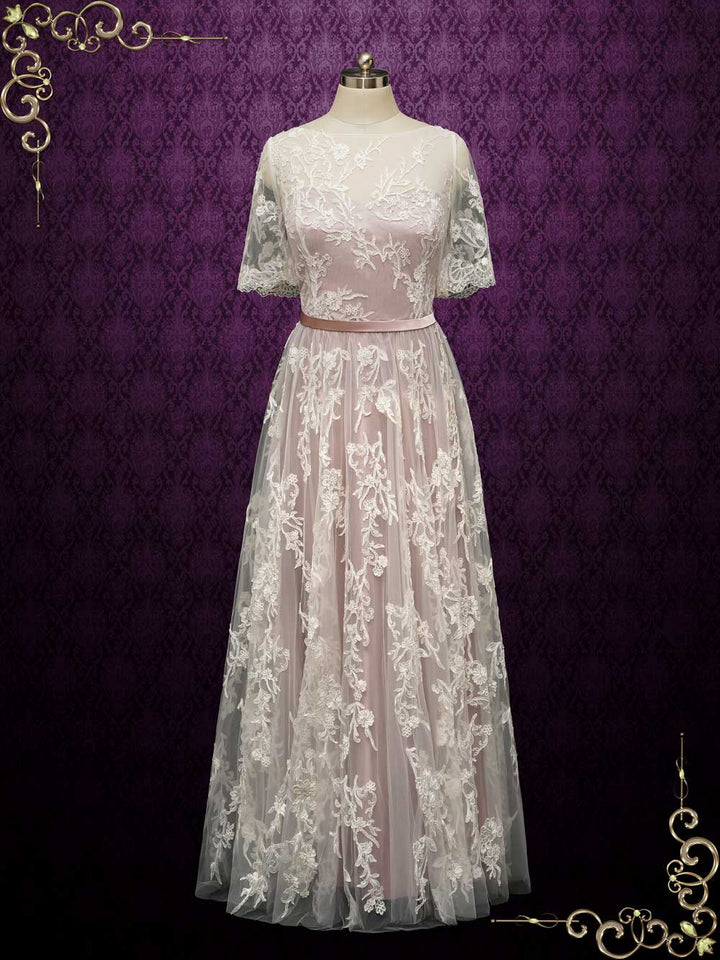 Dusty Rose Lace Wedding Dress with Short Sleeves MELODIE