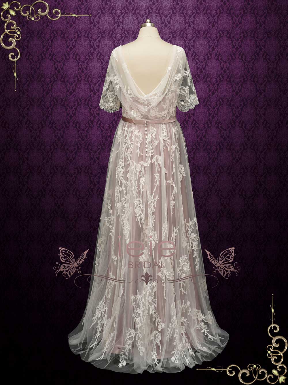 Dusty Rose Lace Wedding Dress with Short Sleeves MELODIE