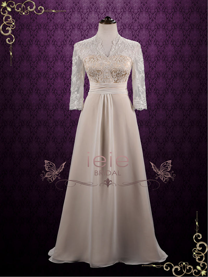 Elegant Slim Chiffon Lace Wedding Dress with Sleeves ZINNIA Size 8 / Ivory Elegant Slim Chiffon Lace Wedding Dress with Sleeves ZINNIA Size 8 / Ivory