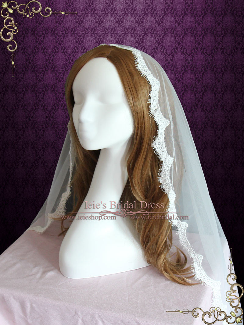 Fingertip Length Mantilla Wedding Veil with Eyelash Edge | VG1073