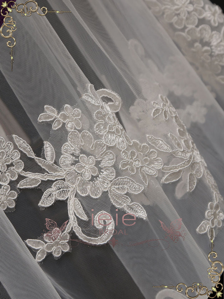 Two Tier Fingertip Lace Bridal Wedding Veil with Flower Applique VG1017