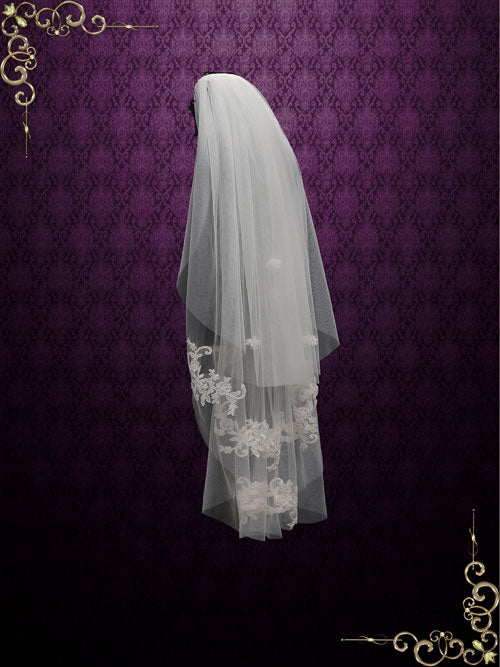 Two Tier Fingertip Lace Bridal Wedding Veil with Flower Applique VG1017