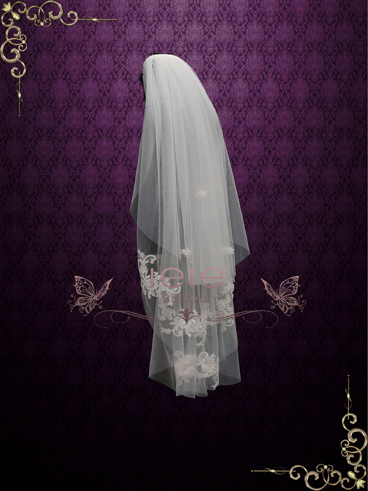Two Tier Fingertip Lace Bridal Wedding Veil with Flower Applique VG1017