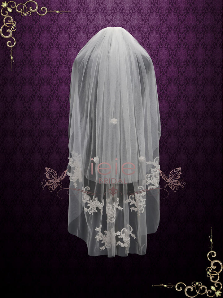Two Tier Fingertip Lace Bridal Wedding Veil with Flower Applique VG1017