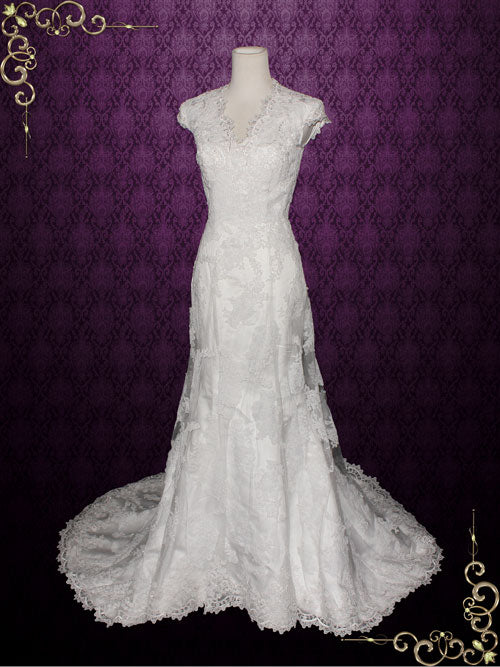 Modest Scallop Hem Cap Sleeves Fitted A-line Wedding Dress | Michelle