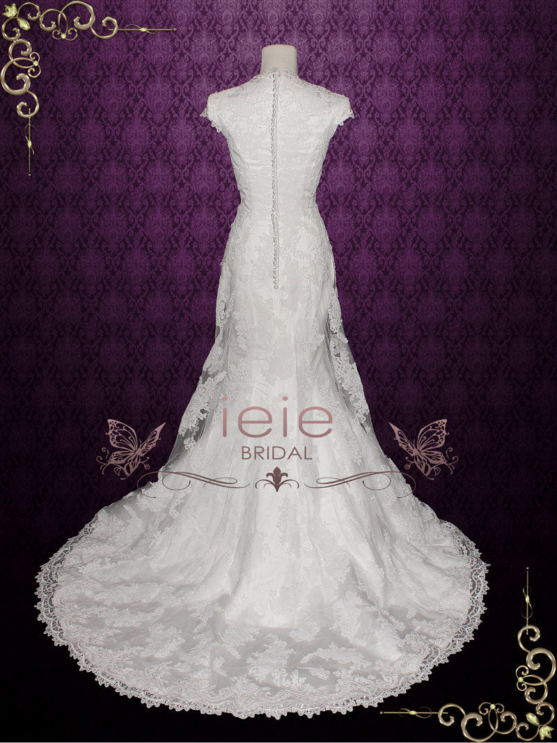 lace cap sleeve fit and flare wedding dress T202052 Illusion Bodice , Bateau Illusion Neckline Lace & Crepe Wedding Dress