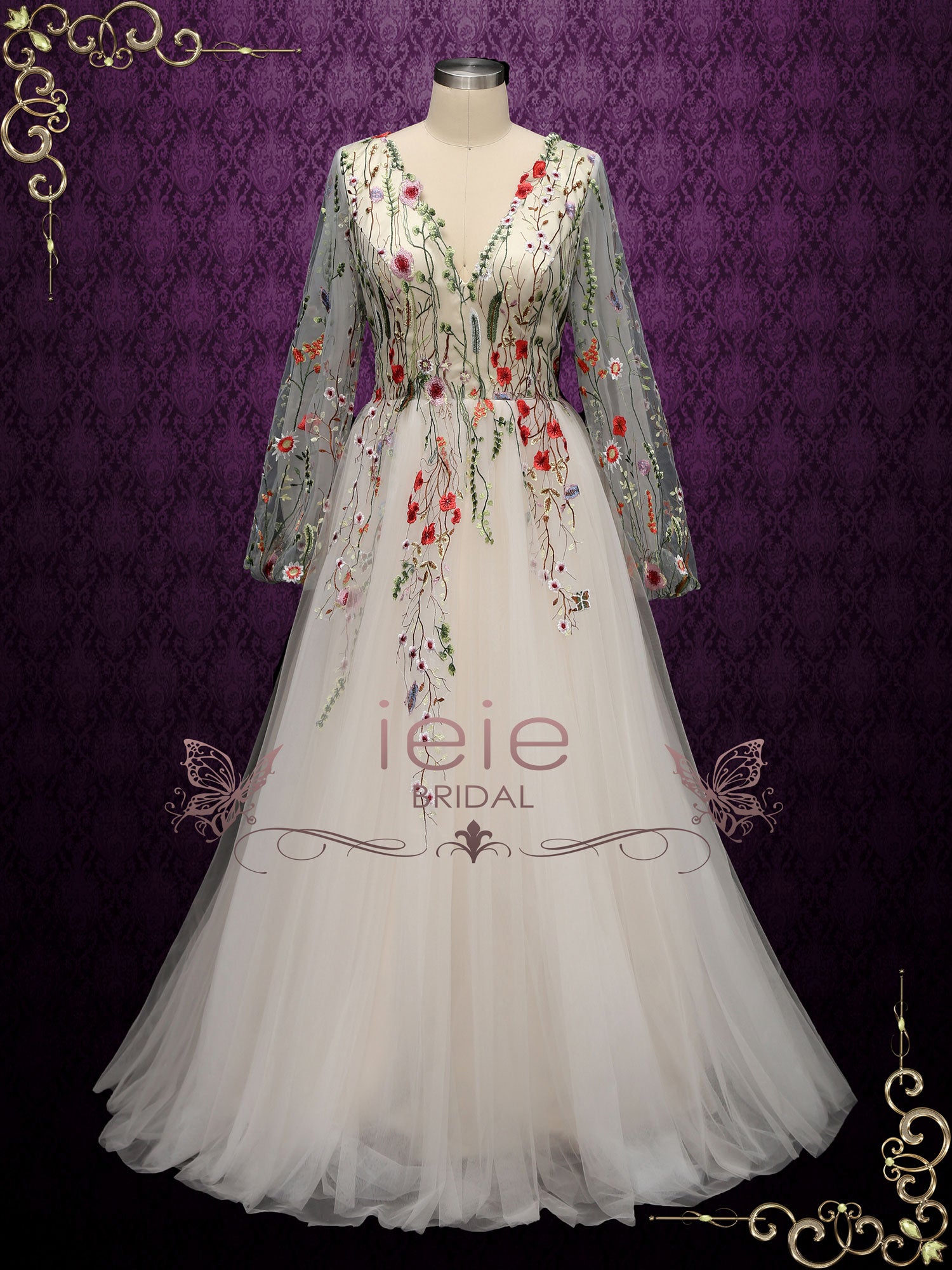 green emerald velvet dress Colored Bride Dress with Pink Lace 10 / Ivory main image 1