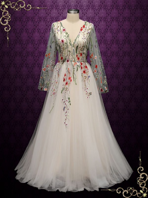 Colored Floral Lace Wedding Dress with Sleeves ALBA