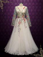 Colored Floral Lace Wedding Dress with Sleeves ALBA