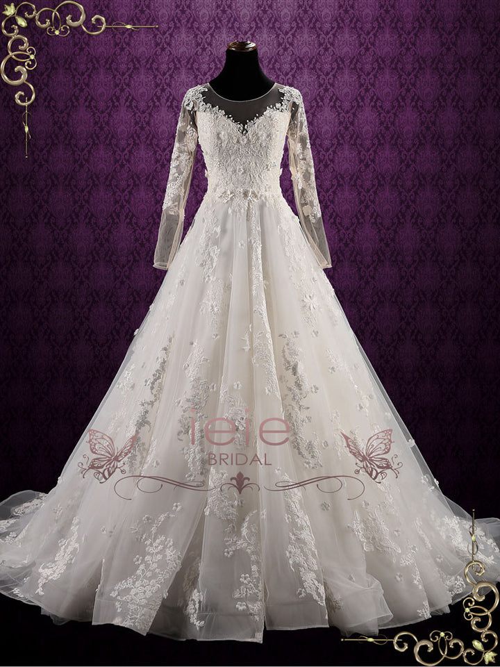 Floral Lace Ball Gown Wedding Dress with Sleeves PETUNIA