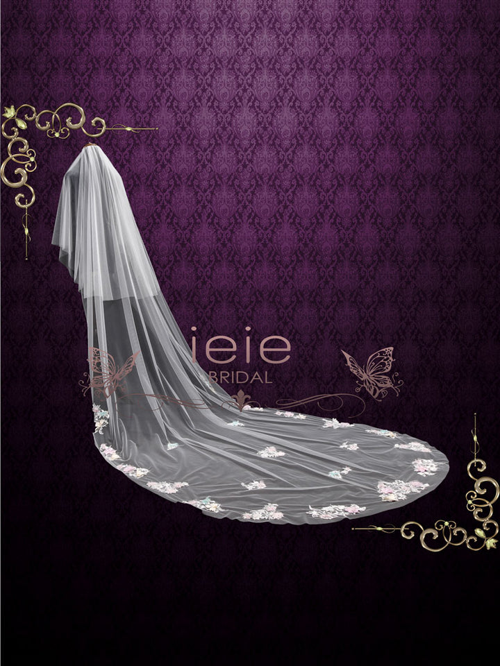 Cathedral Long Wedding Veil with Colored Flowers and Lace VG1095