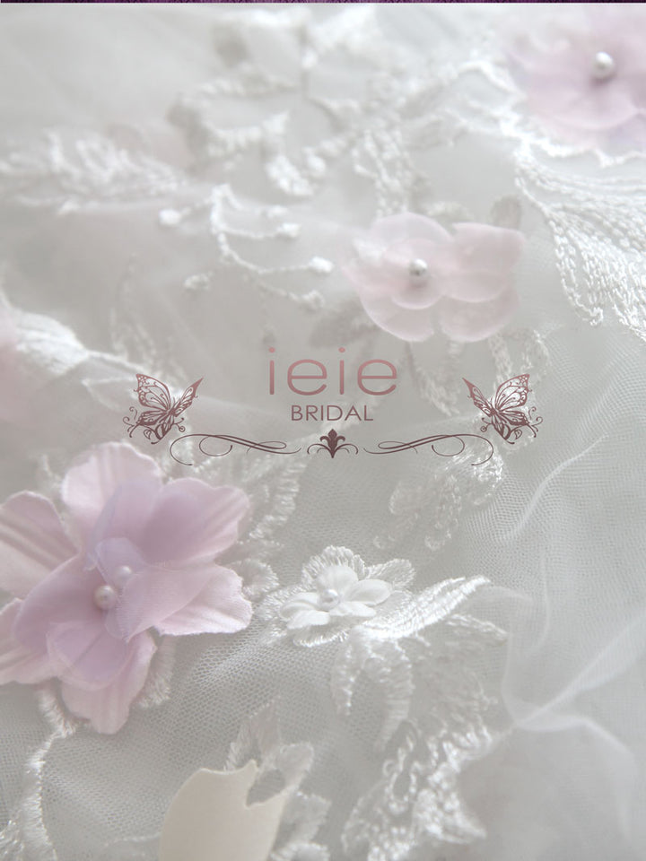 Cathedral Long Wedding Veil with Colored Flowers and Lace VG1095