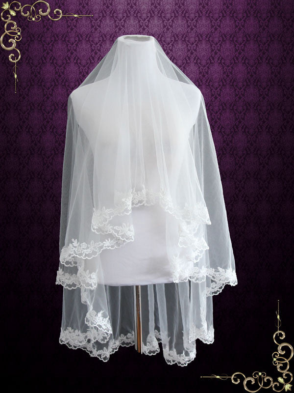 Short Fingertip Bridal Veil with Floral Lace VG1024