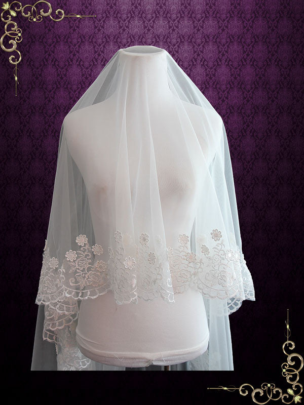 Cathedral Length Floral Lace Mantilla Wedding Veil with Soft Tulle | VG1051