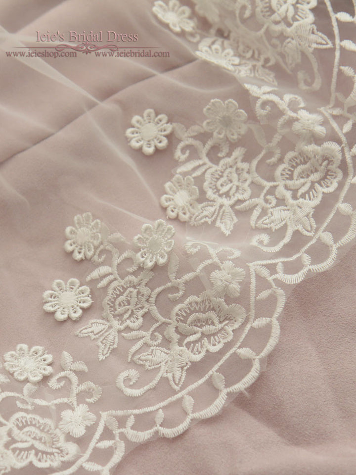 Cathedral Length Floral Lace Mantilla Wedding Veil with Soft Tulle | VG1051