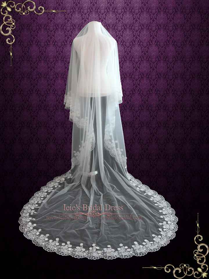 Cathedral Length Floral Lace Mantilla Wedding Veil with Soft Tulle | VG1051