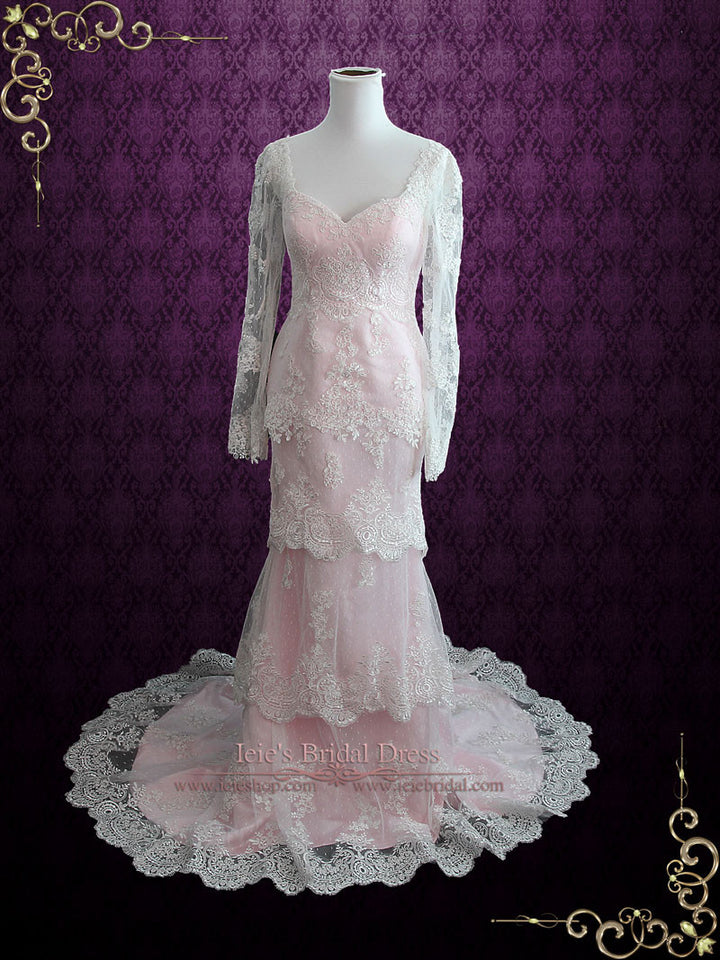 Pearl Pink Tiered Lace Wedding Dress with Long Sleeves MONACO