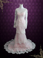 Pearl Pink Tiered Lace Wedding Dress with Long Sleeves MONACO