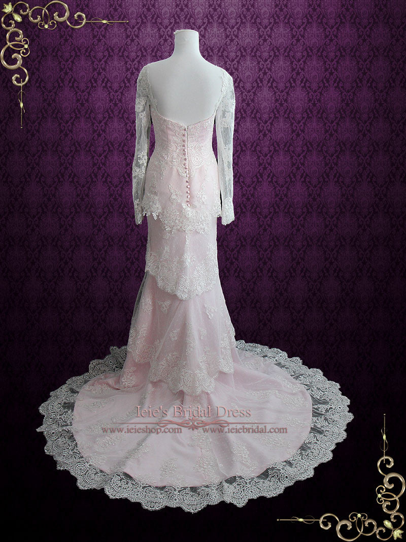 Pearl Pink Tiered Lace Wedding Dress with Long Sleeves MONACO