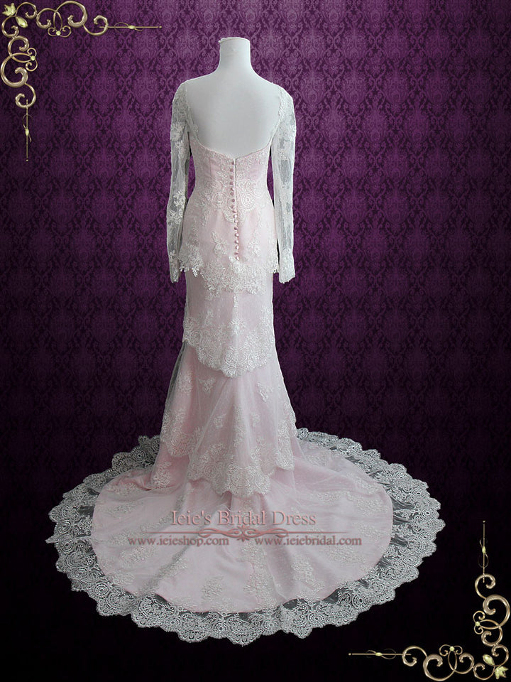 Pearl Pink Tiered Lace Wedding Dress with Long Sleeves MONACO