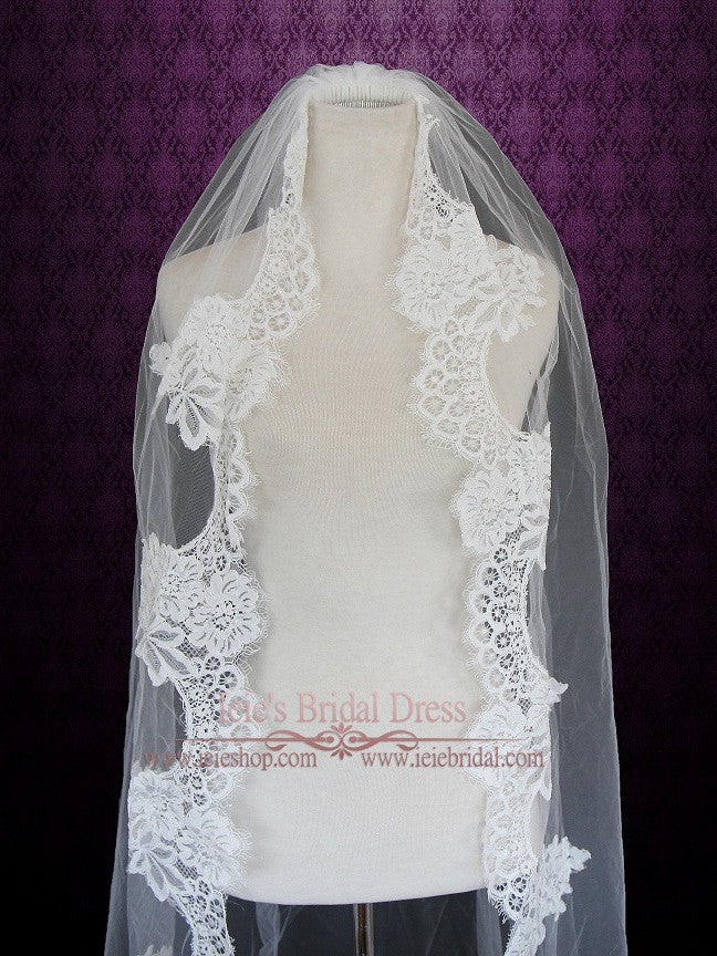 Waltz Length French Alencon Lace Wedding Veil VG1018