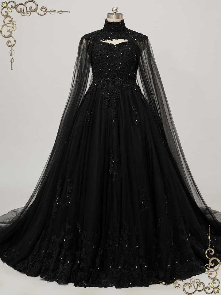 Gothic Black Lace Ball Gown Wedding Dress with Cape CLARINDA – ieie