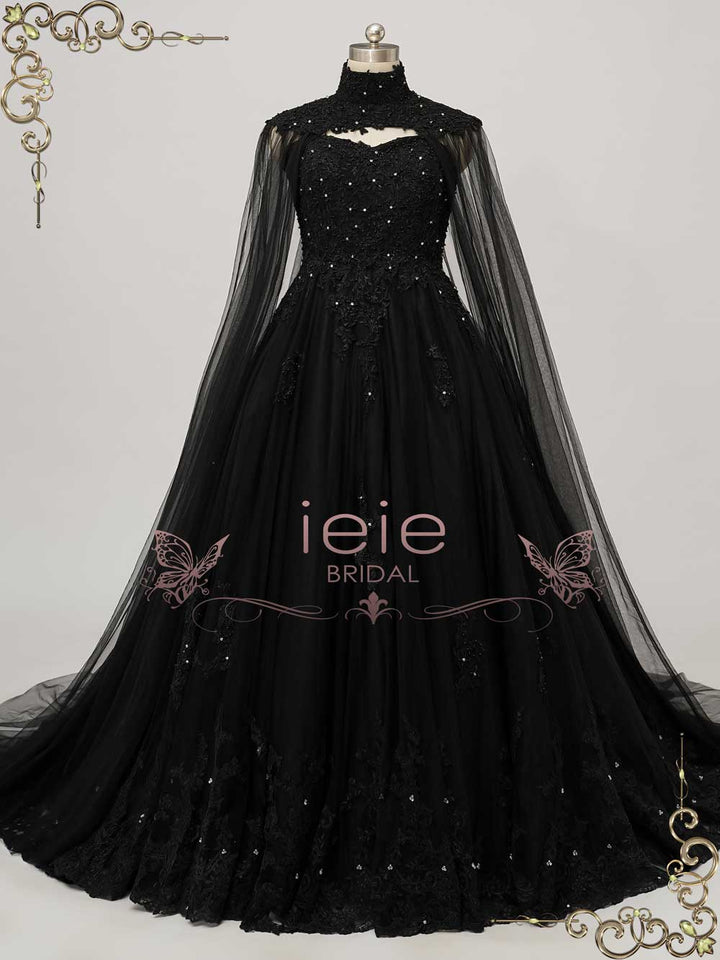 Gothic Black Lace Ball Gown Wedding Dress with Cape CLARINDA