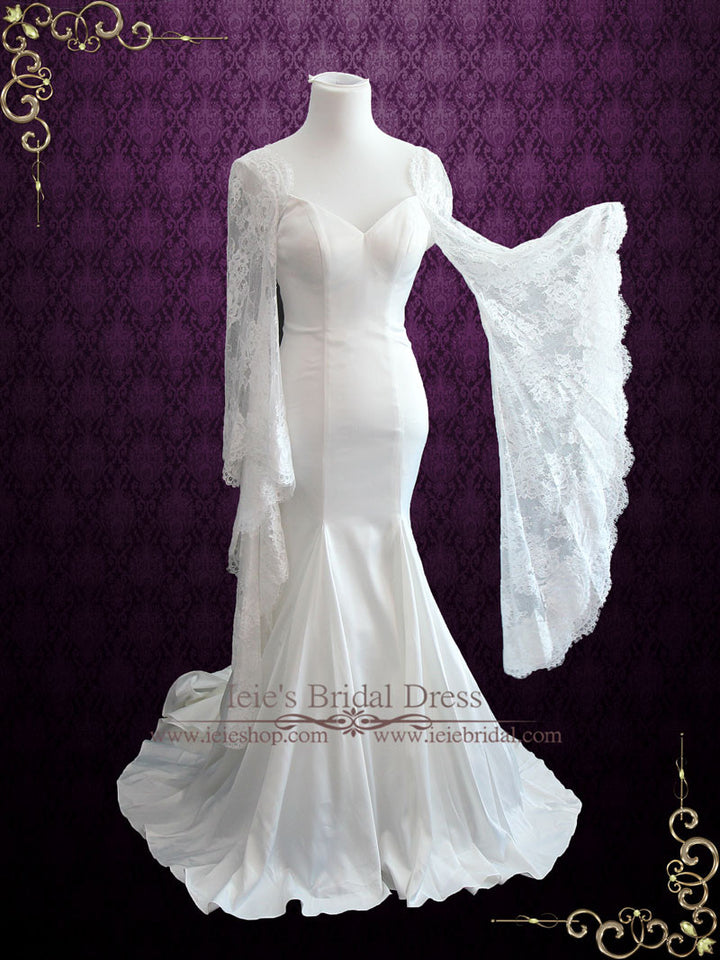 Mermaid Satin Wedding Dress with Lace Bell Sleeves LIZ Made to Measure / White Mermaid Satin Wedding Dress with Lace Bell Sleeves LIZ Made to Measure / White