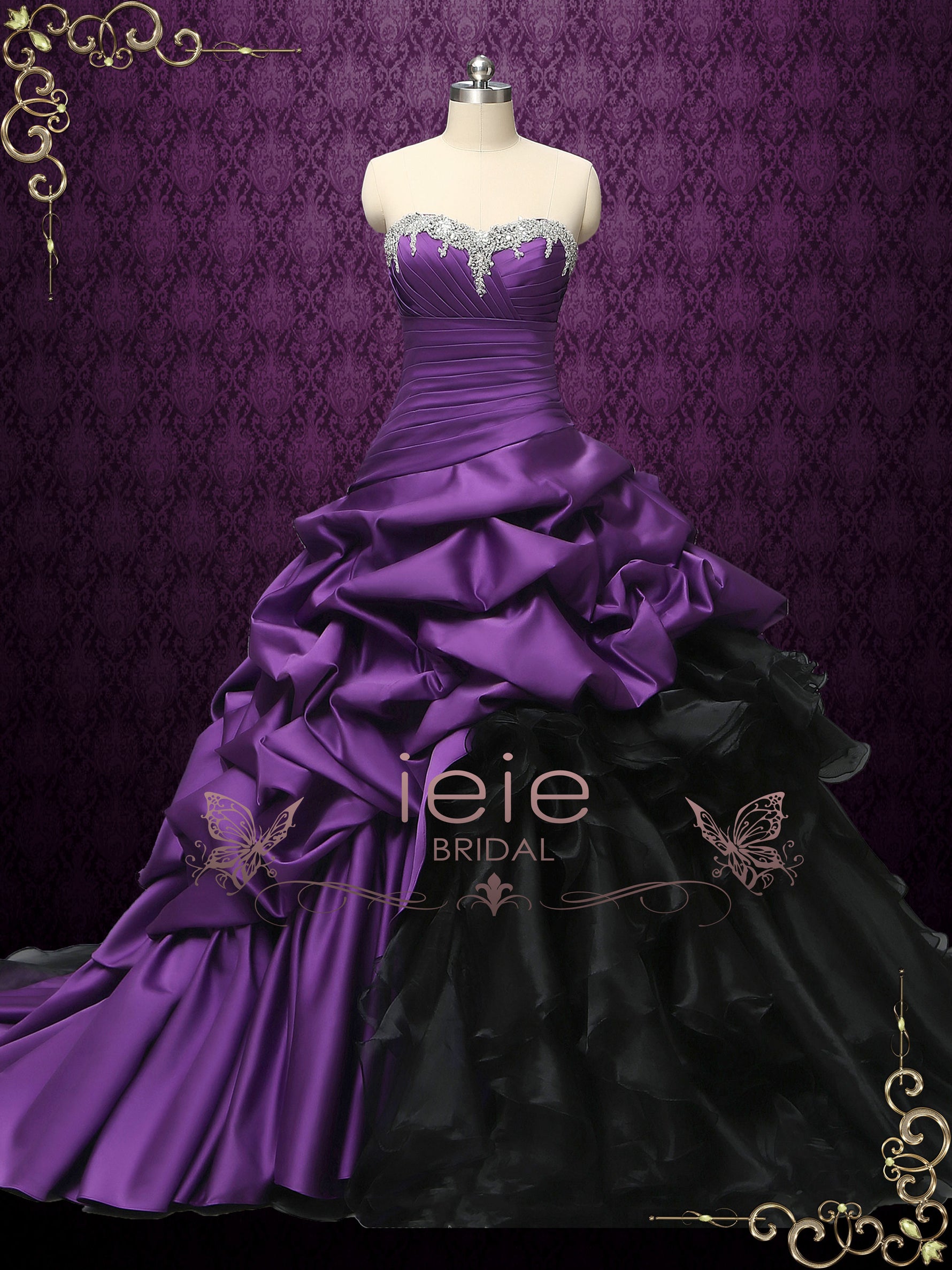 Gothic Purple and Black Strapless Wedding Dress CONSTANCE