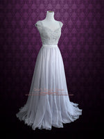 Gray Cap Sleeves Lace Chiffon Long Evening Dress
