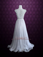 Gray Cap Sleeves Lace Chiffon Long Evening Dress