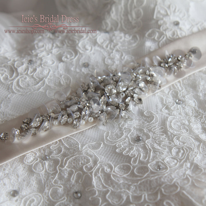 Vintage Lace Chiffon Wedding Dress with Jeweled Sash and Fringe Cap Sleeves | Lilly