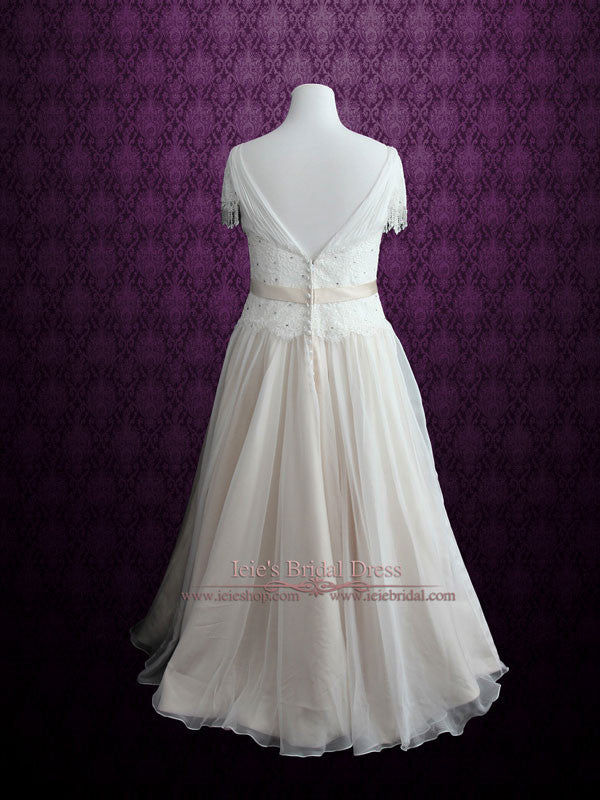 Vintage Lace Chiffon Wedding Dress with Jeweled Sash and Fringe Cap Sleeves | Lilly