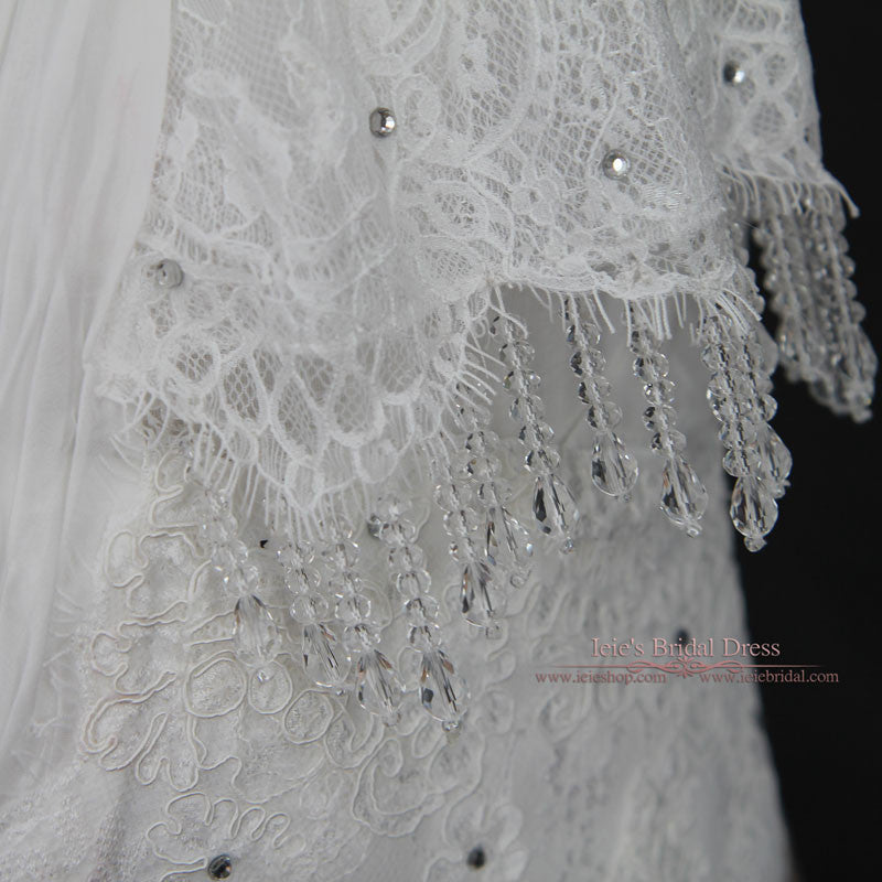 Vintage Lace Chiffon Wedding Dress with Jeweled Sash and Fringe Cap Sleeves | Lilly