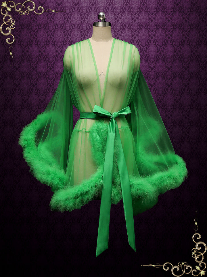 Green Honeymoon Wedding Marabou Fur Edge Boudoir Robe CICI