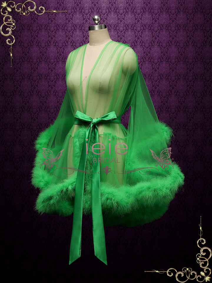 Green Honeymoon Wedding Marabou Fur Edge Boudoir Robe CICI