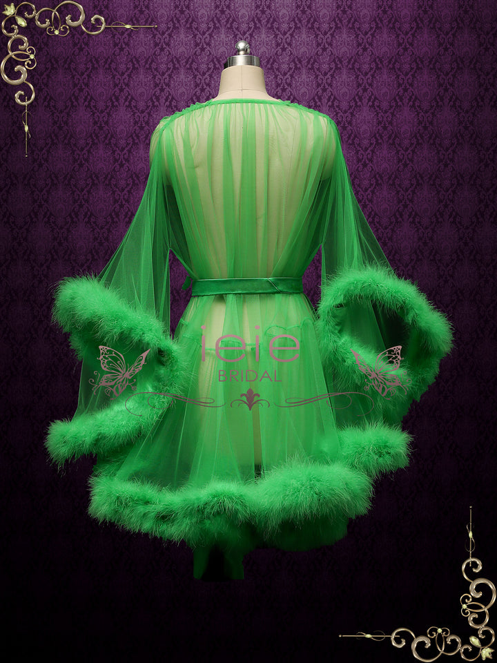 Green Honeymoon Wedding Marabou Fur Edge Boudoir Robe CICI