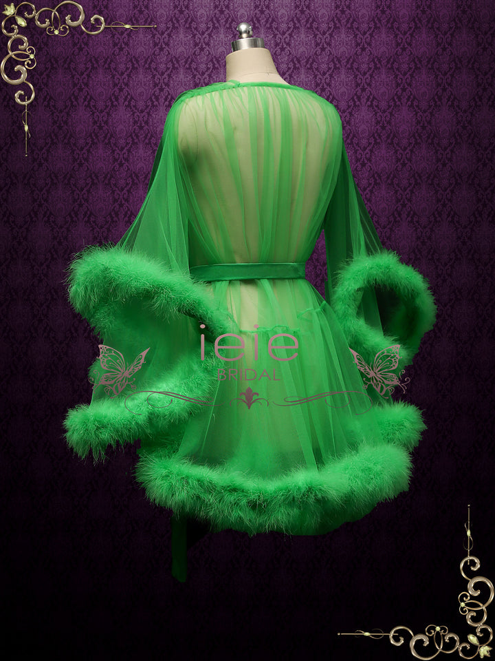 Green Honeymoon Wedding Marabou Fur Edge Boudoir Robe CICI