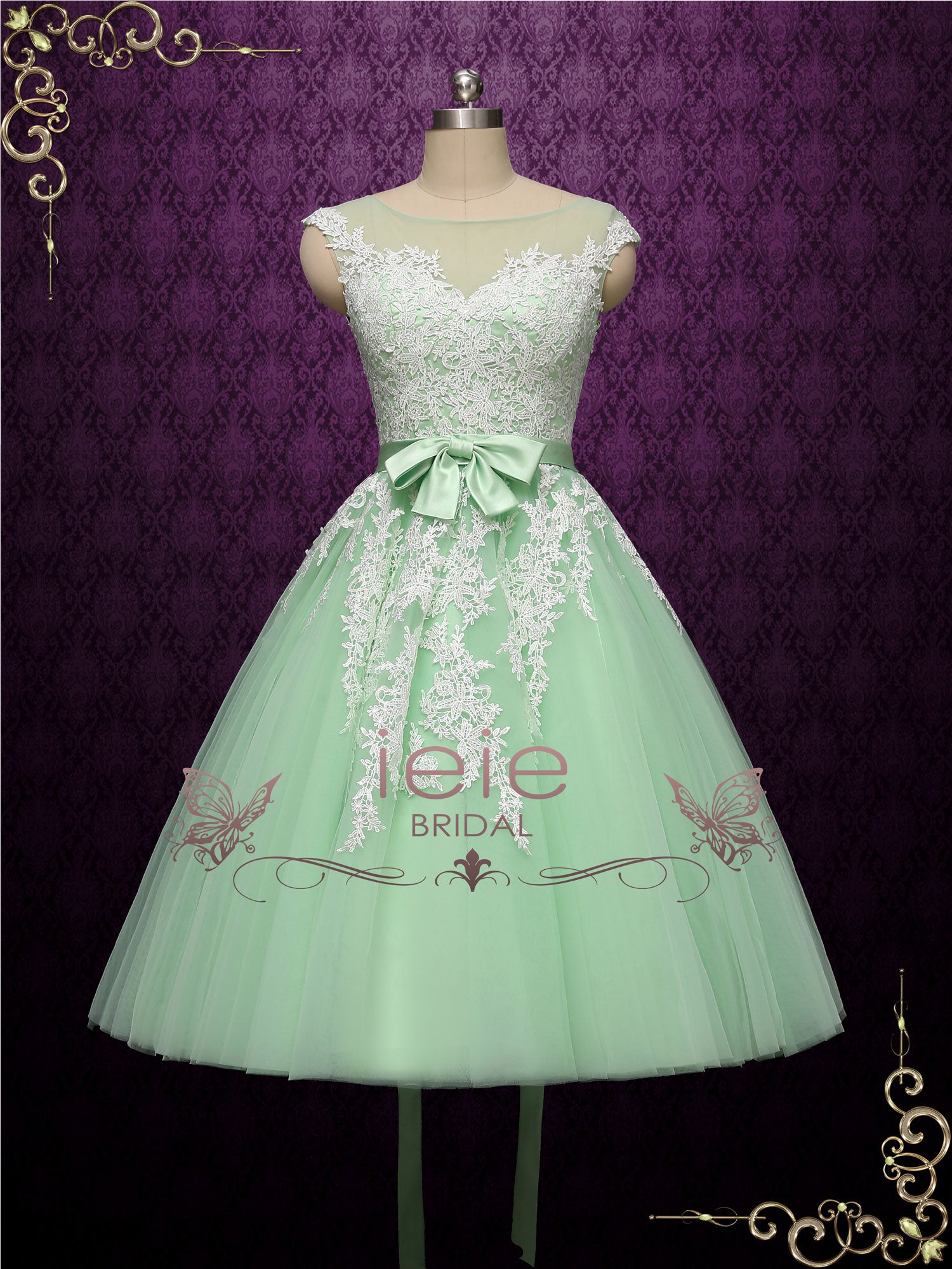 Short Green Tea Length Wedding Dress ROSALIE Size 8 / Green
