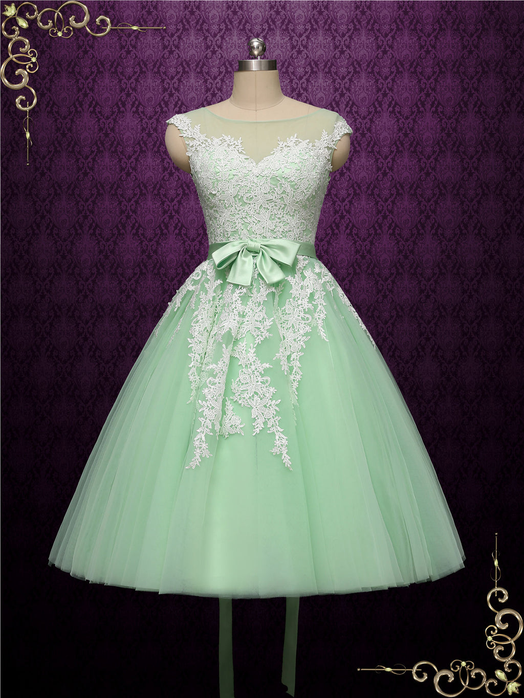 green lace wedding dress Short Tea Length ROSALIE Size 8 / Green YGroup_varly-long Emerald green wedding gown Color:dove grey+ivory Sage Bridesmaid Dress Chiffon