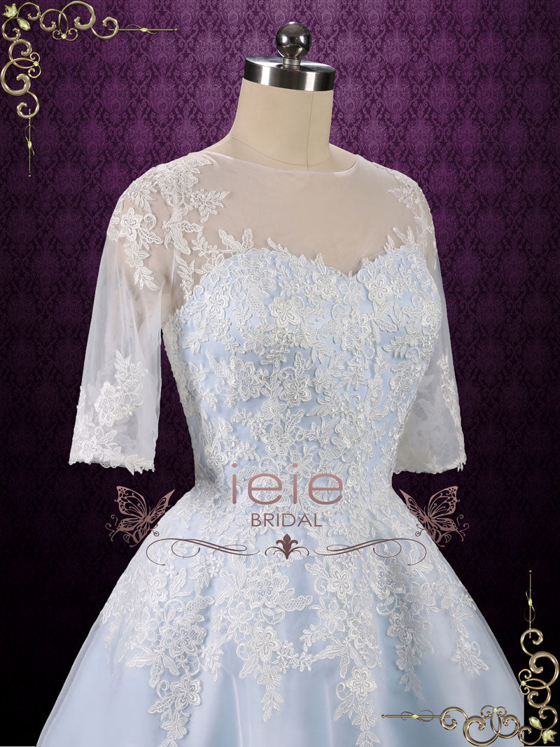 short blue and white wedding dress Made to Order White Pastel Mint Blue Roses Victorian Short in Front Drapped Lace Dangling Flowers Wedding Dress