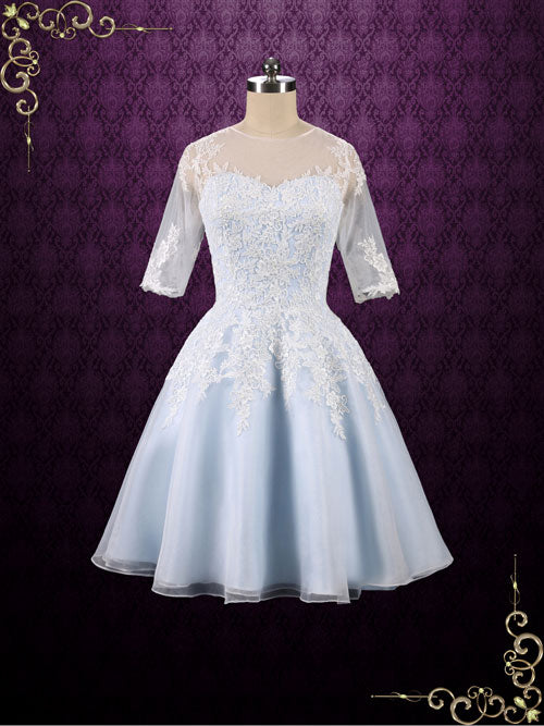Ice Blue Short Lace Wedding Dress with Half Sleeves | Peyton