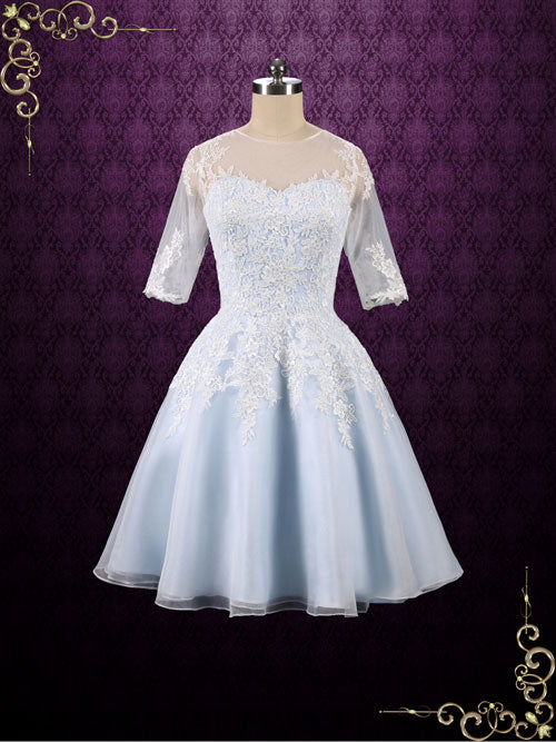 blue and white short wedding dress Ice Lace with Half Sleeves bowknot waistband simple cheap wedding dresses Fabulous Black Halter Mermaid Color:Mango