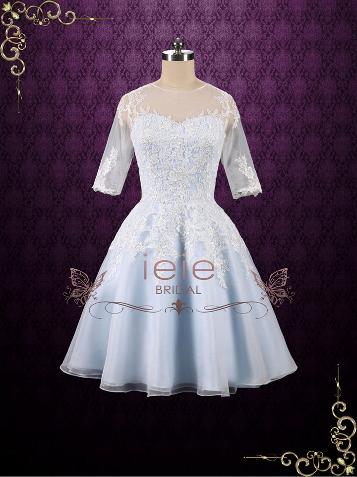 Ice Blue Short Lace Wedding Dress with Half Sleeves | Peyton ieie Ice Blue Short Lace Wedding Dress with Half Sleeves | Peyton ieie