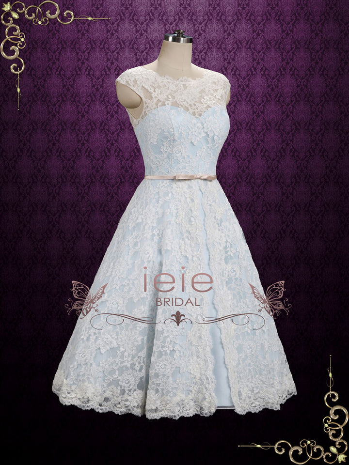 Ice Blue Vintage Lace Tea Length Wedding Dress SHANNON