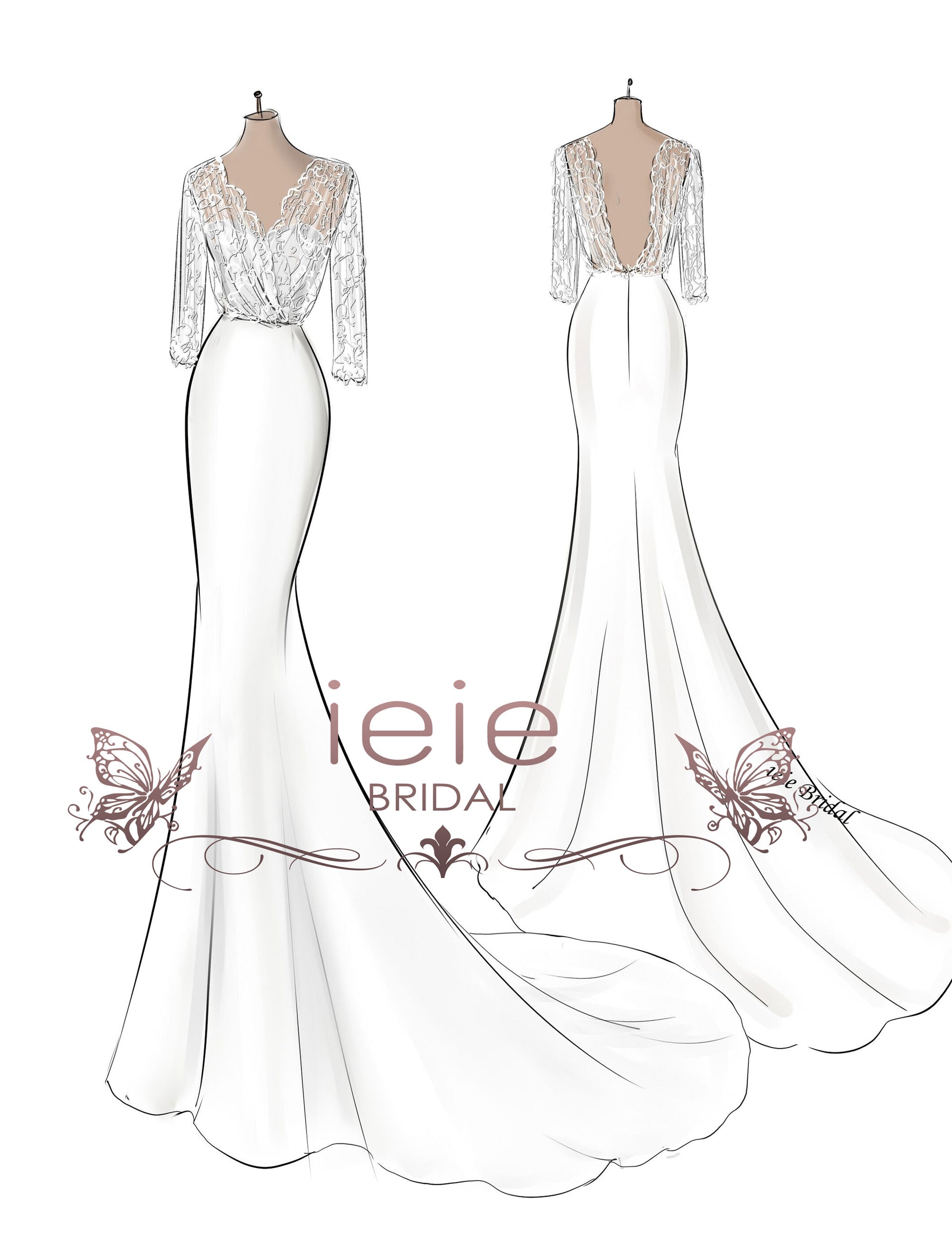 mermaid wedding dress sketches Custom Wedding Dress Sketch Front + Back Together